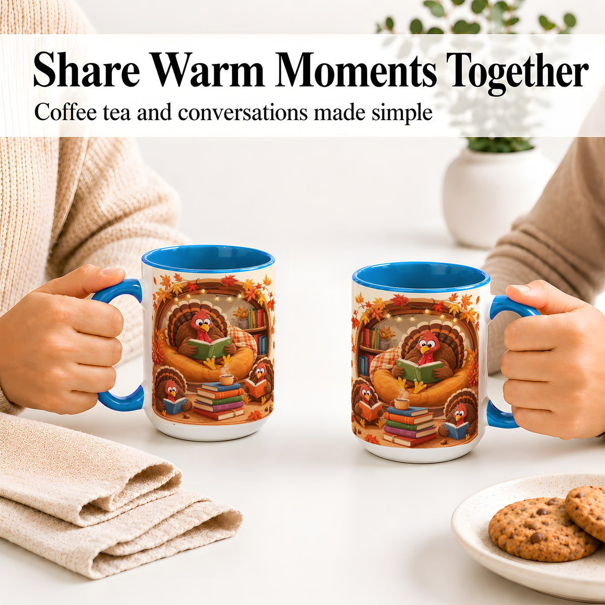 #pl[15oz|Blue] Thanksgiving Reading Turkey Accent Mug, Mug with Cozy Book Artwork