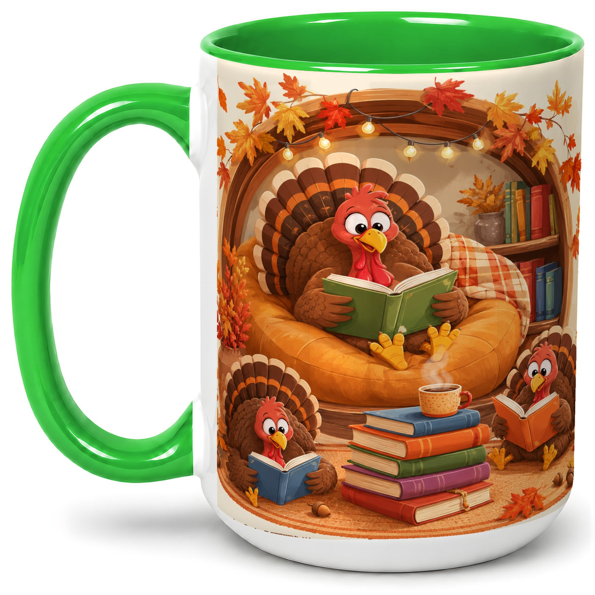 #pl[15oz|Green] Thanksgiving Reading Turkey Accent Mug, Mug with Cozy Book Artwork