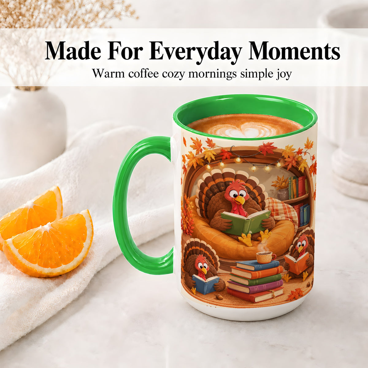 #pl[15oz|Green] Thanksgiving Reading Turkey Accent Mug, Mug with Cozy Book Artwork