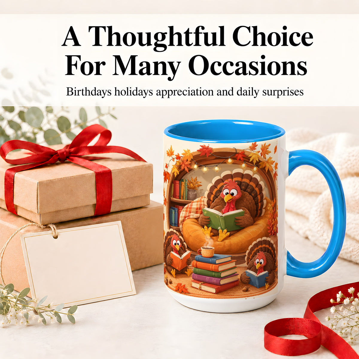 #pl[15oz|Blue] Thanksgiving Reading Turkey Accent Mug, Mug with Cozy Book Artwork