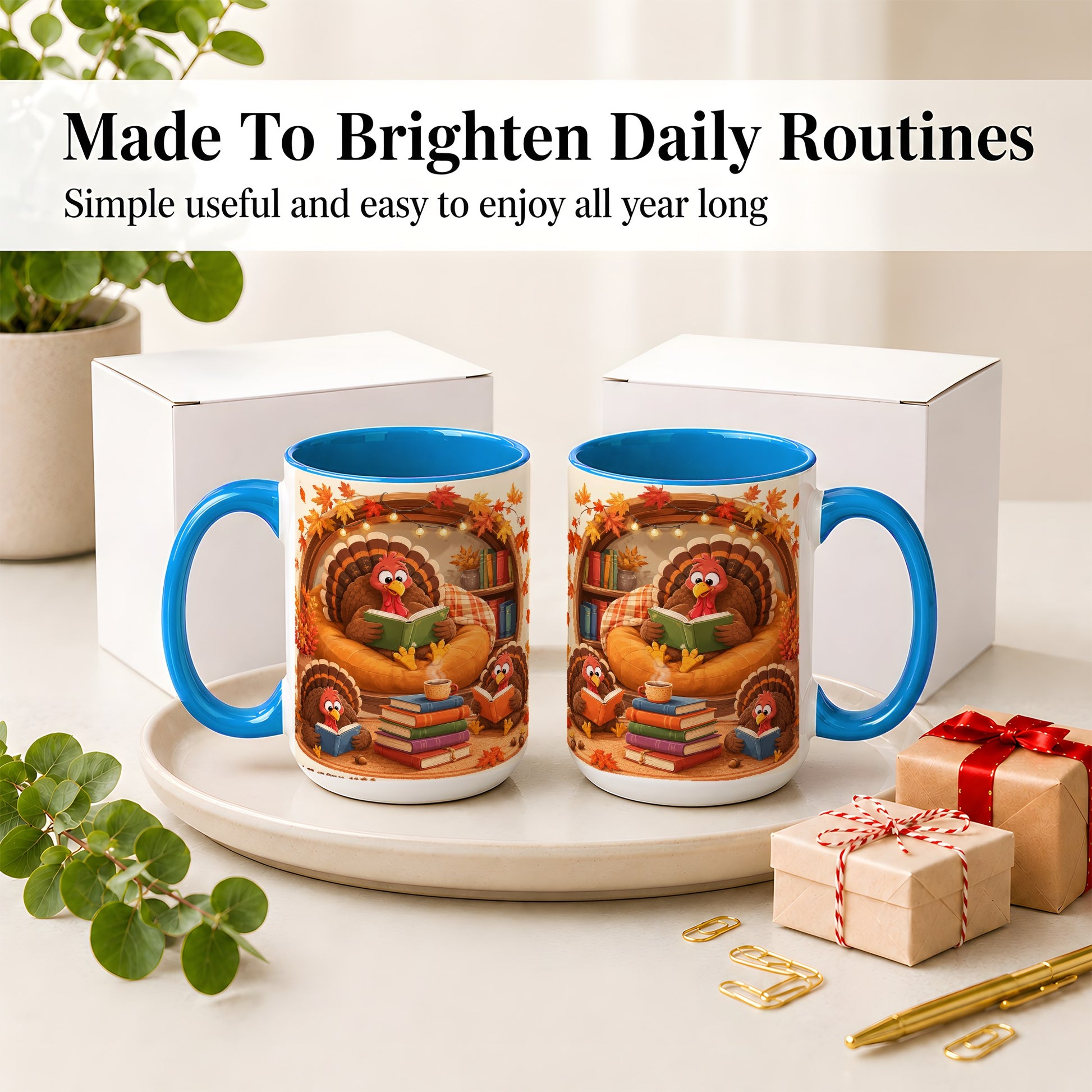 #pl[15oz|Blue] Thanksgiving Reading Turkey Accent Mug, Mug with Cozy Book Artwork
