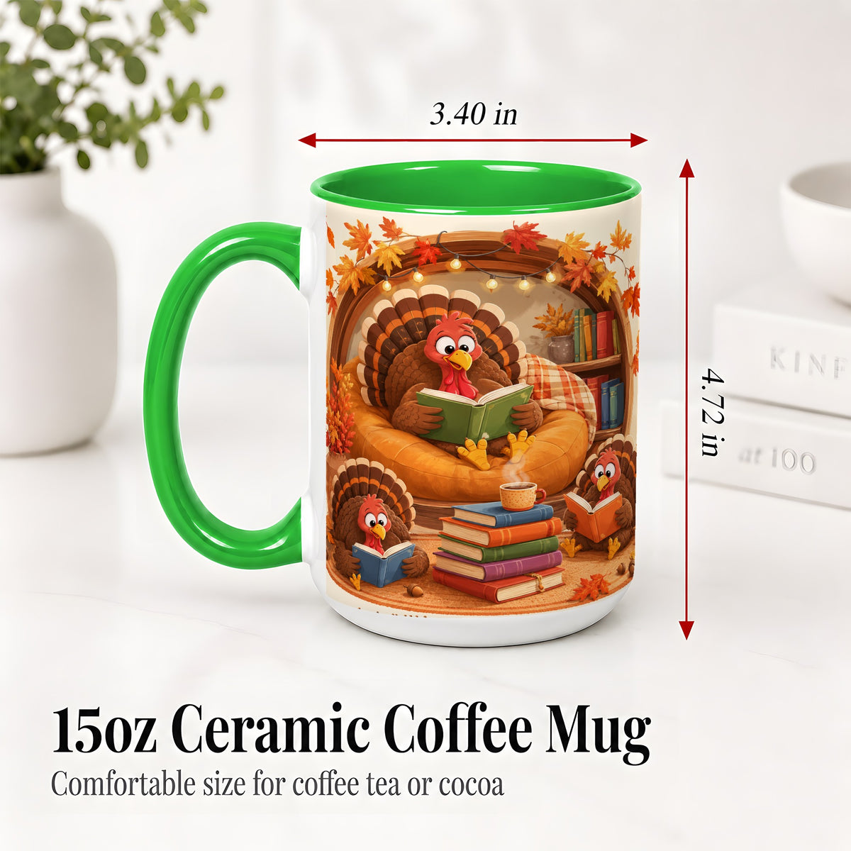 #pl[15oz|Green] Thanksgiving Reading Turkey Accent Mug, Mug with Cozy Book Artwork