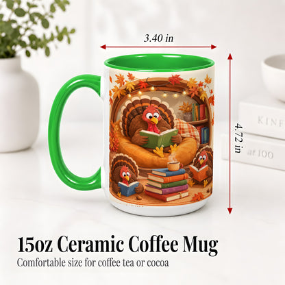 #pl[15oz|Green] Thanksgiving Reading Turkey Accent Mug, Mug with Cozy Book Artwork