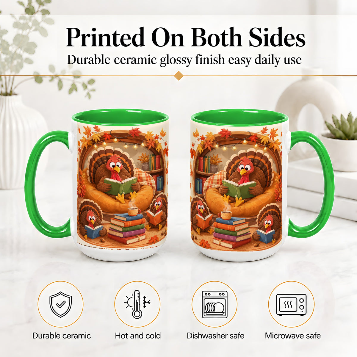 #pl[15oz|Green] Thanksgiving Reading Turkey Accent Mug, Mug with Cozy Book Artwork
