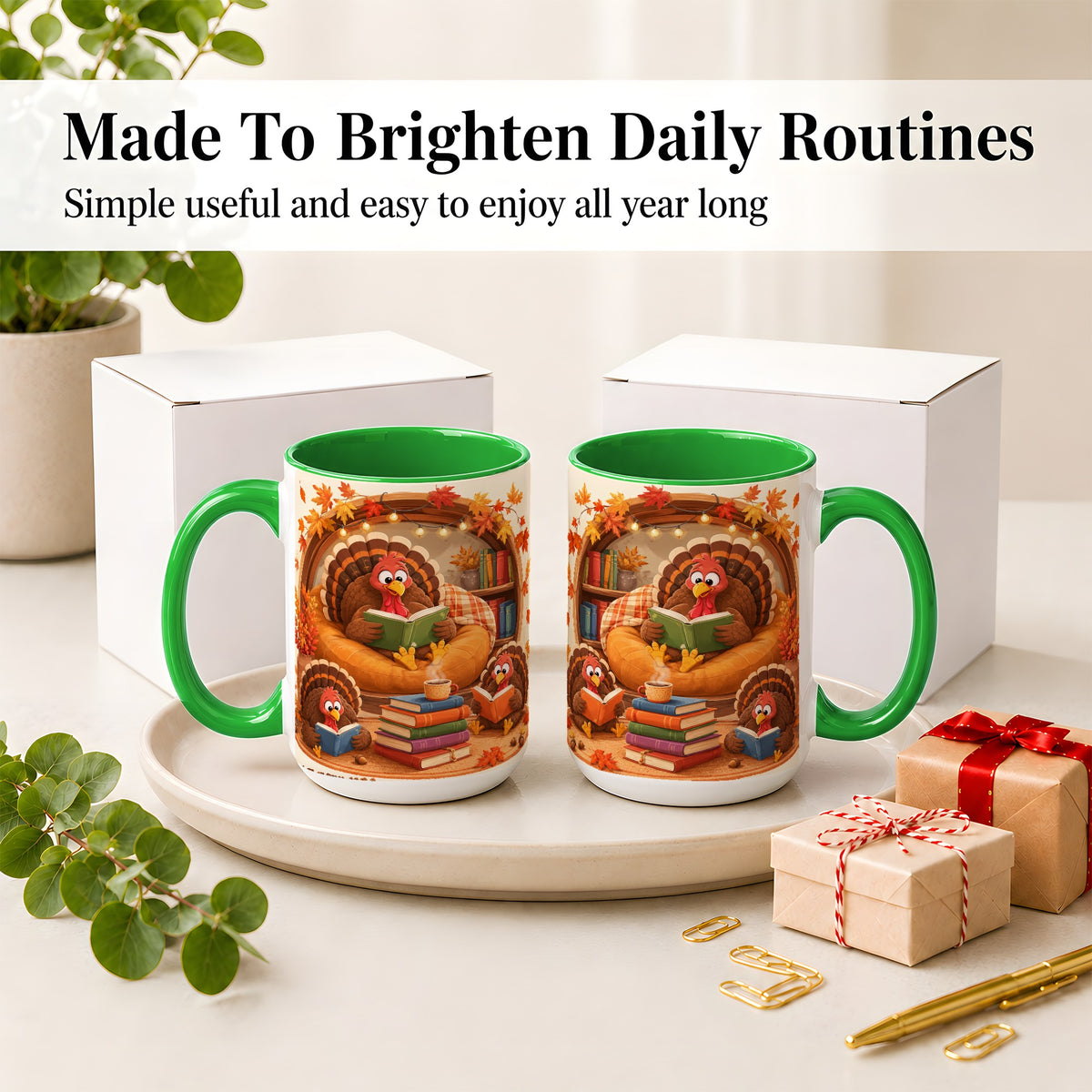 #pl[15oz|Green] Thanksgiving Reading Turkey Accent Mug, Mug with Cozy Book Artwork
