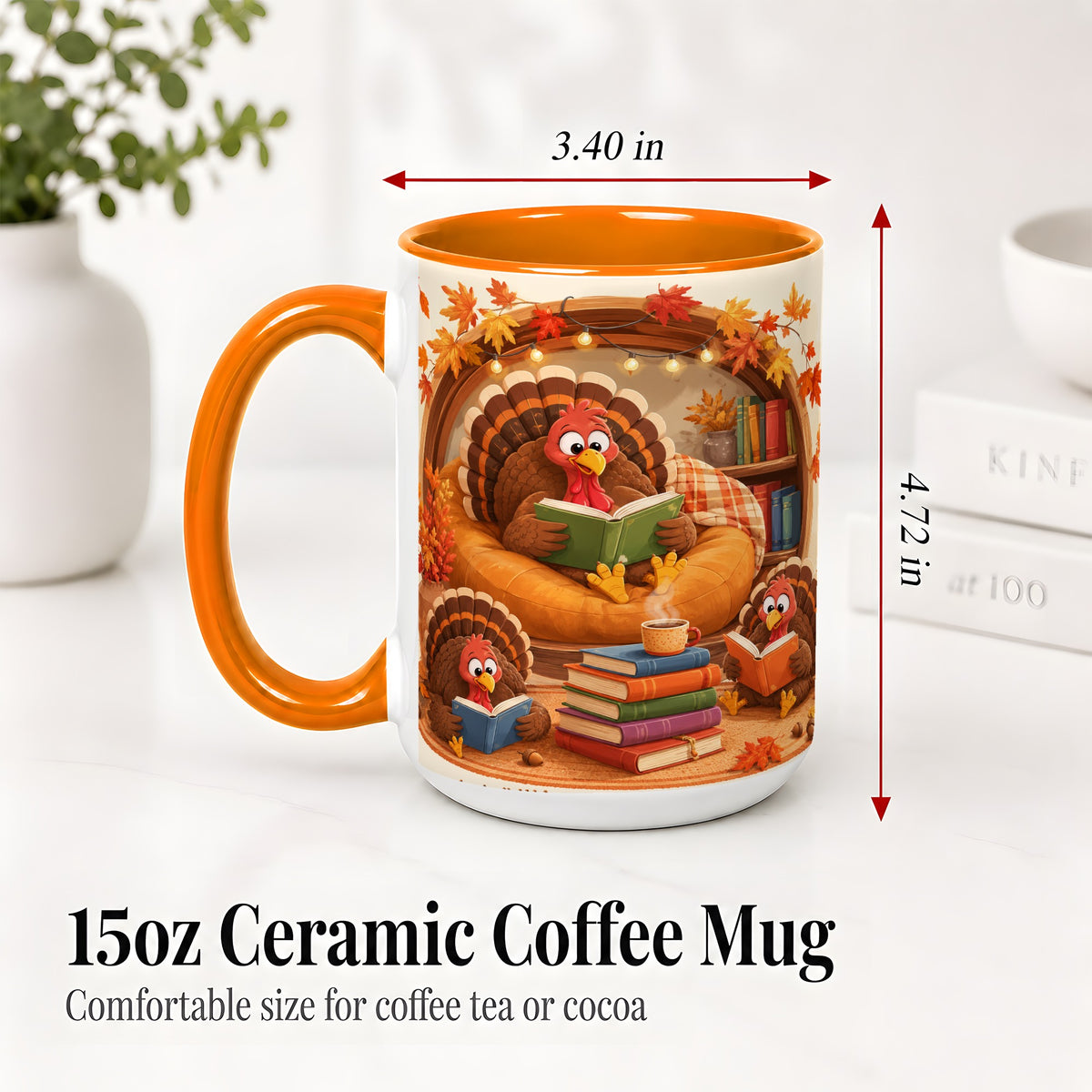 #pl[15oz|Orange] Thanksgiving Reading Turkey Accent Mug, Mug with Cozy Book Artwork