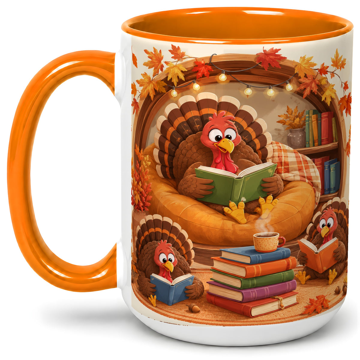 #pl[15oz|Orange] Thanksgiving Reading Turkey Accent Mug, Mug with Cozy Book Artwork