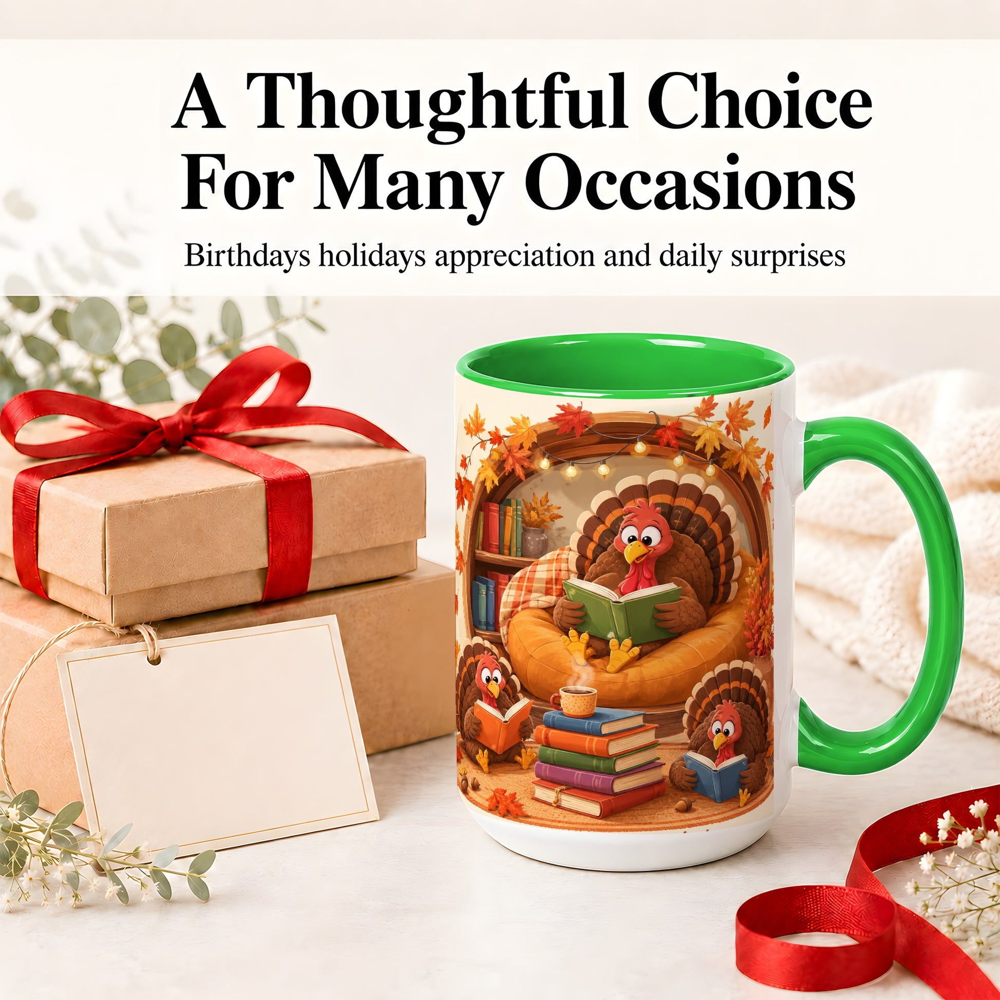 #pl[15oz|Green] Thanksgiving Reading Turkey Accent Mug, Mug with Cozy Book Artwork