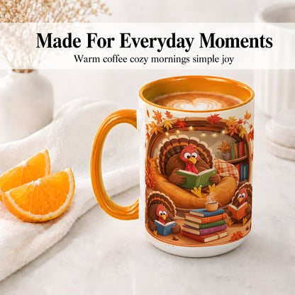 #pl[15oz|Orange] Thanksgiving Reading Turkey Accent Mug, Mug with Cozy Book Artwork