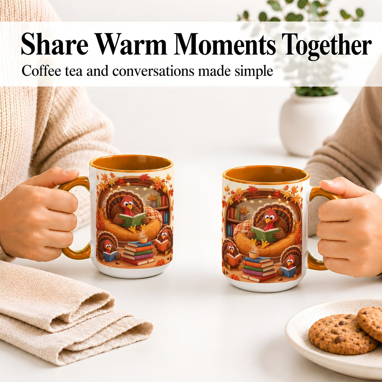 #pl[15oz|Orange] Thanksgiving Reading Turkey Accent Mug, Mug with Cozy Book Artwork