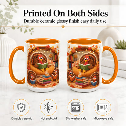 #pl[15oz|Orange] Thanksgiving Reading Turkey Accent Mug, Mug with Cozy Book Artwork