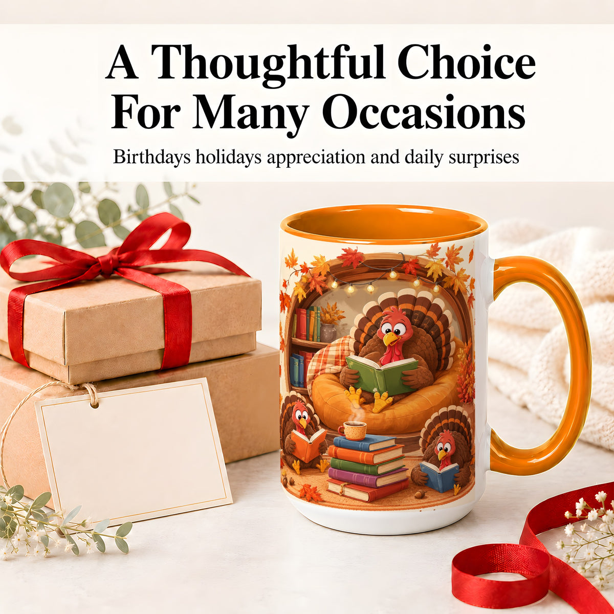 #pl[15oz|Orange] Thanksgiving Reading Turkey Accent Mug, Mug with Cozy Book Artwork