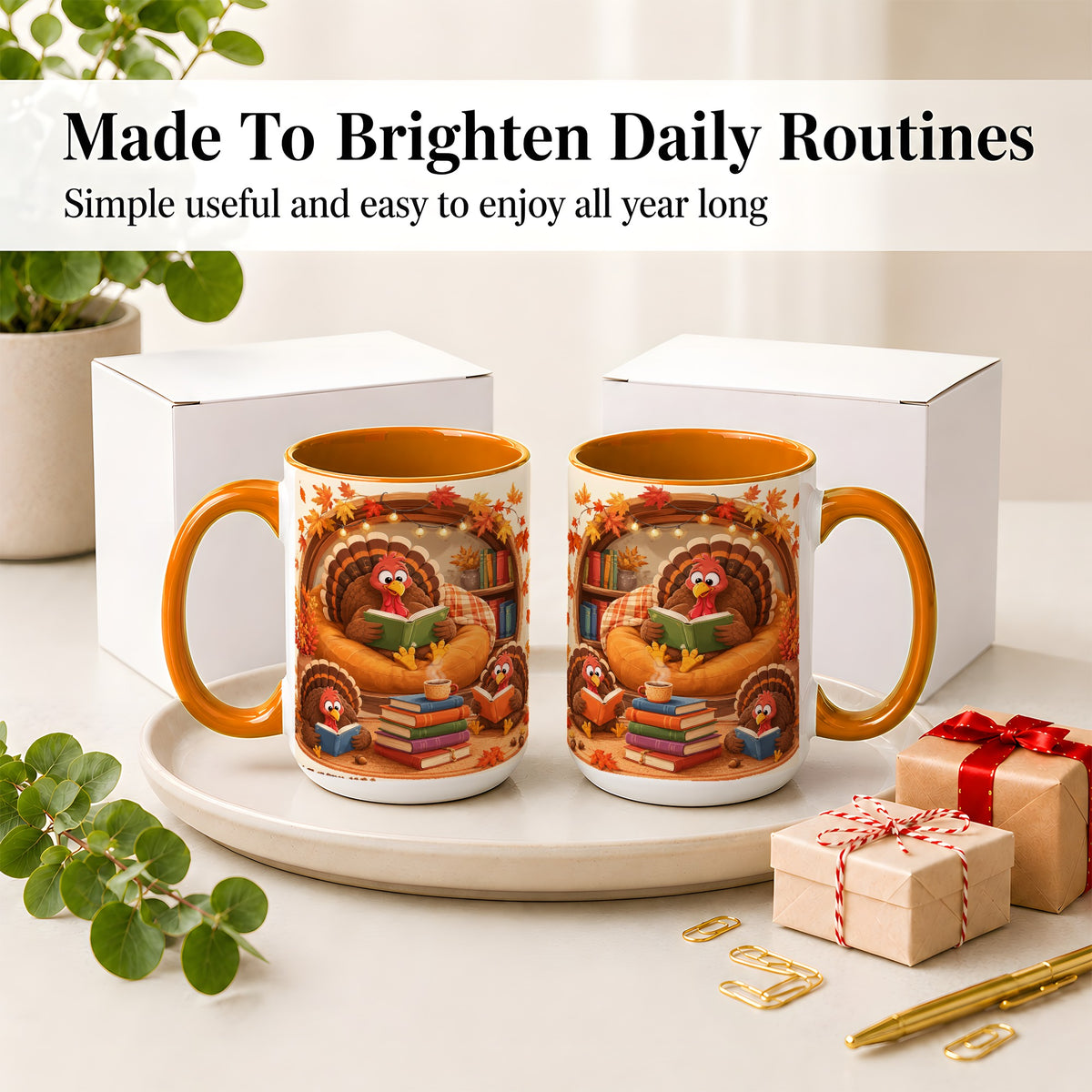 #pl[15oz|Orange] Thanksgiving Reading Turkey Accent Mug, Mug with Cozy Book Artwork
