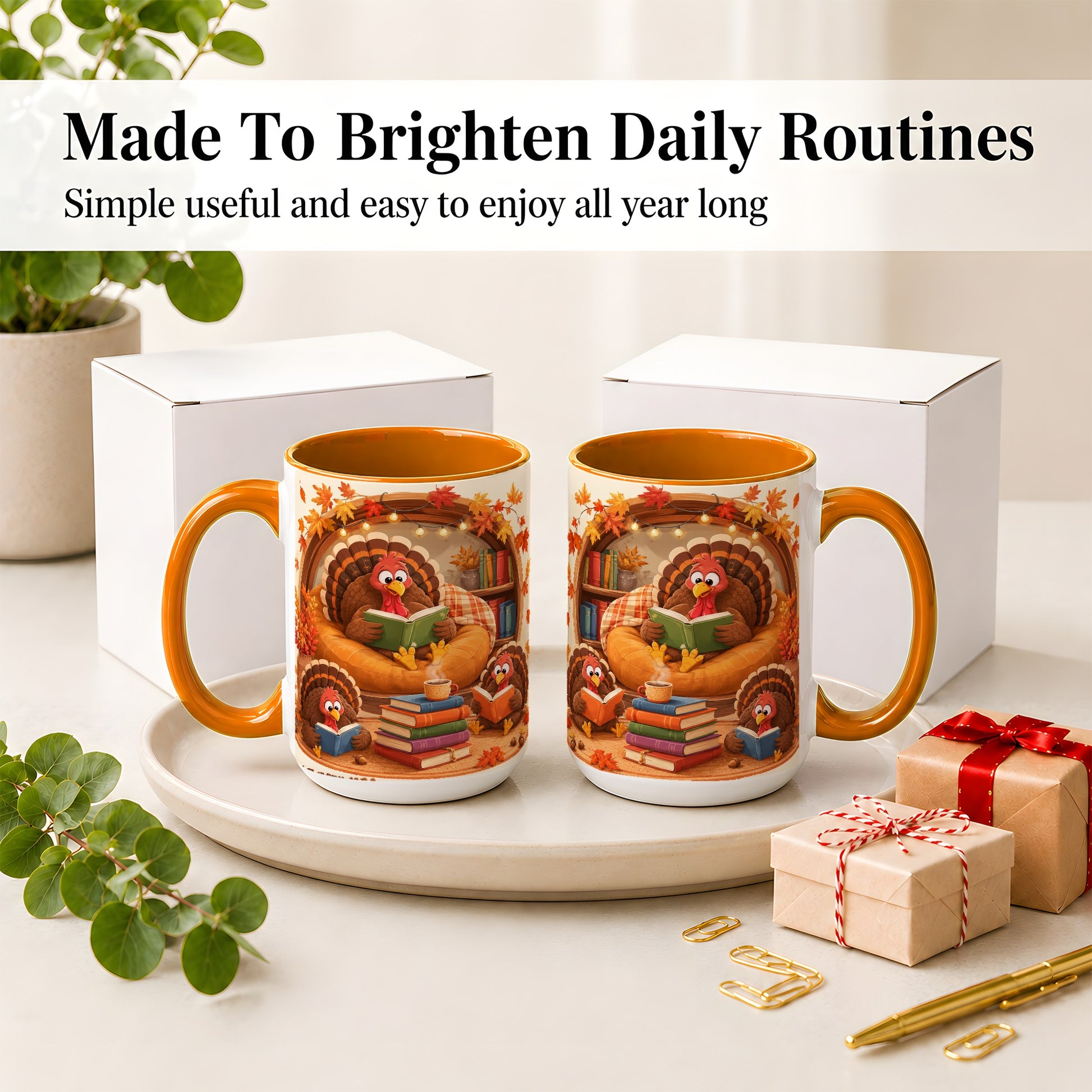 #pl[15oz|Orange] Thanksgiving Reading Turkey Accent Mug, Mug with Cozy Book Artwork