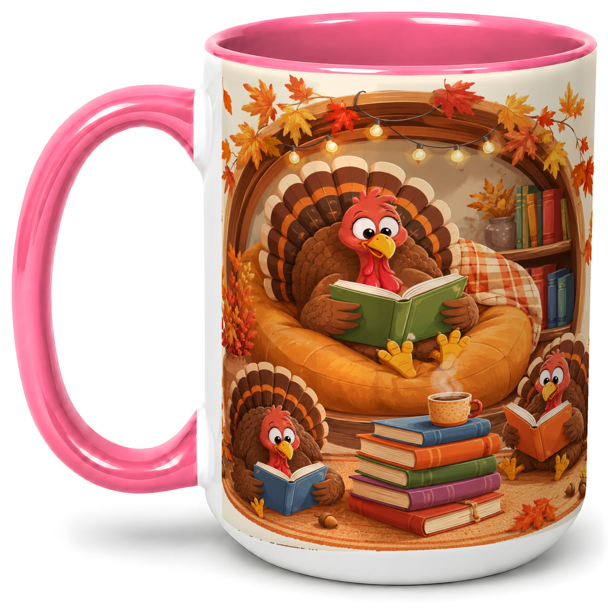 #pl[15oz|Pink] Thanksgiving Reading Turkey Accent Mug, Mug with Cozy Book Artwork