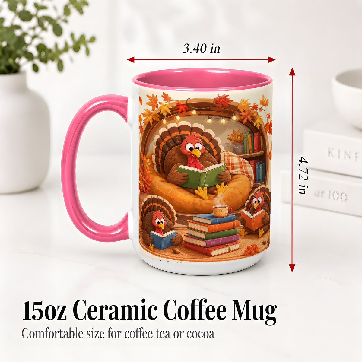 #pl[15oz|Pink] Thanksgiving Reading Turkey Accent Mug, Mug with Cozy Book Artwork