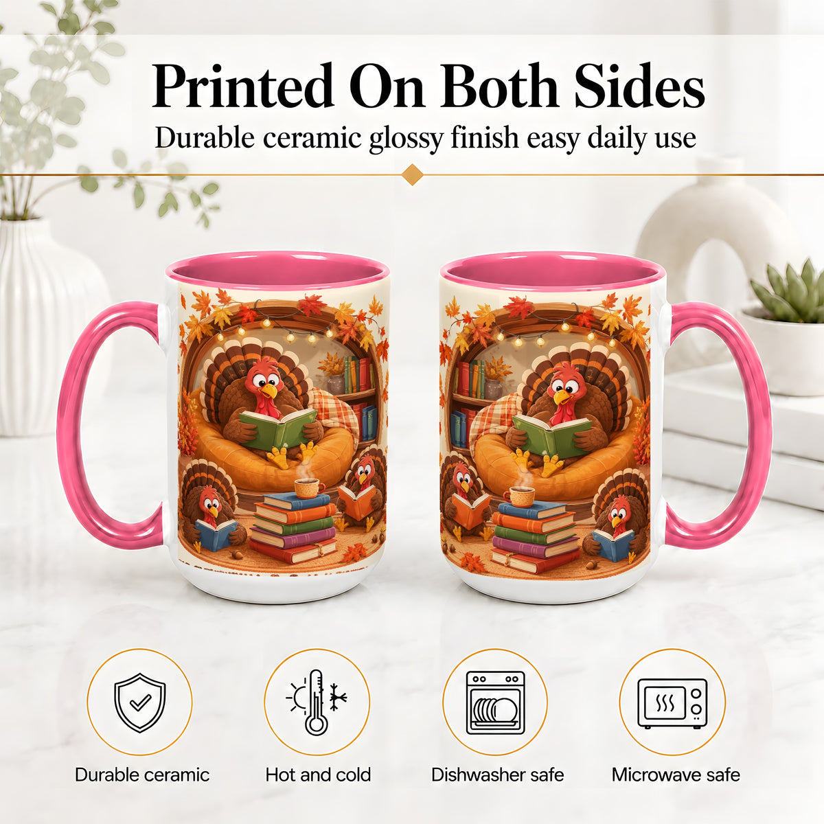 #pl[15oz|Pink] Thanksgiving Reading Turkey Accent Mug, Mug with Cozy Book Artwork