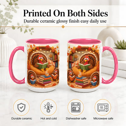 #pl[15oz|Pink] Thanksgiving Reading Turkey Accent Mug, Mug with Cozy Book Artwork