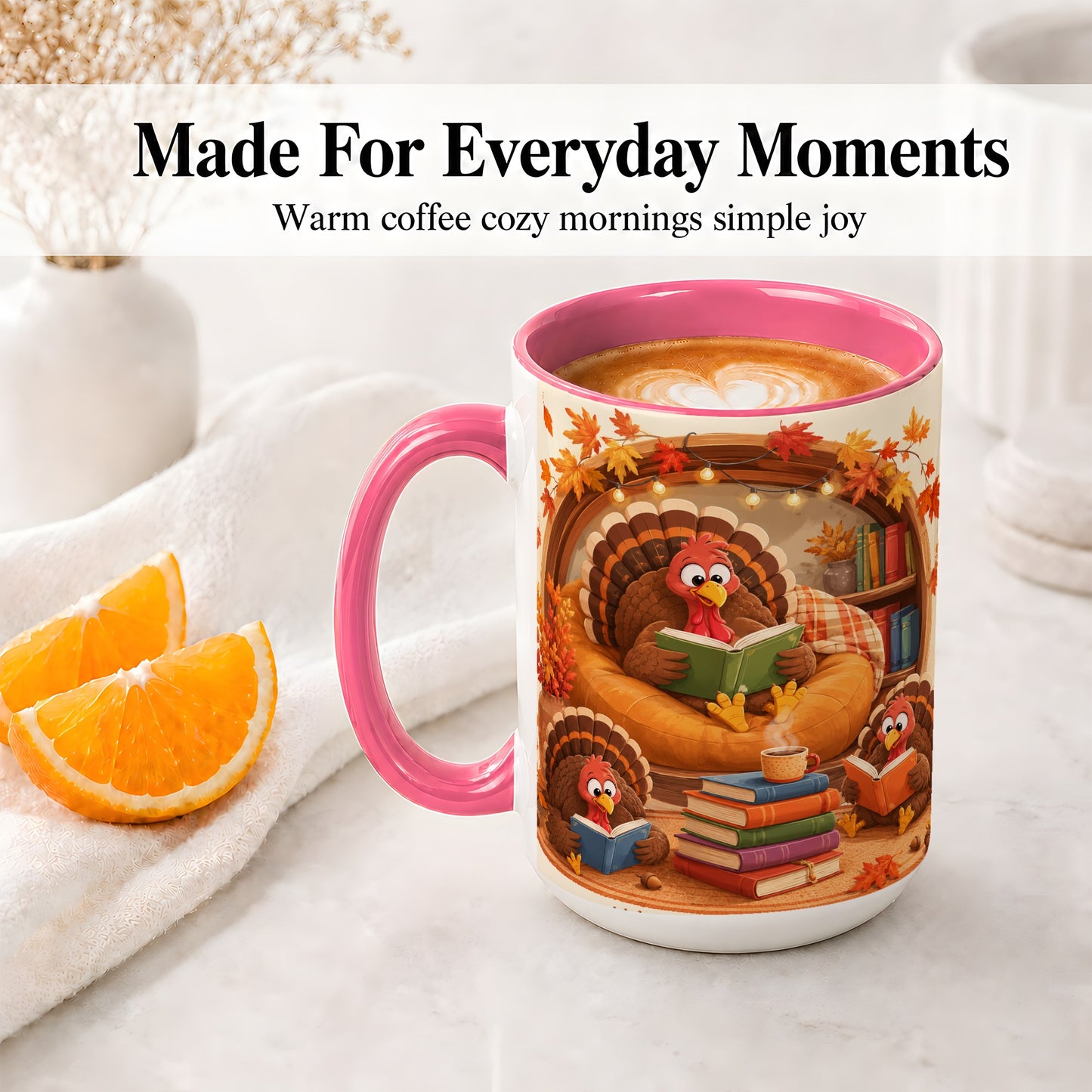 #pl[15oz|Pink] Thanksgiving Reading Turkey Accent Mug, Mug with Cozy Book Artwork