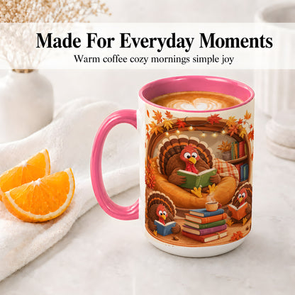 #pl[15oz|Pink] Thanksgiving Reading Turkey Accent Mug, Mug with Cozy Book Artwork