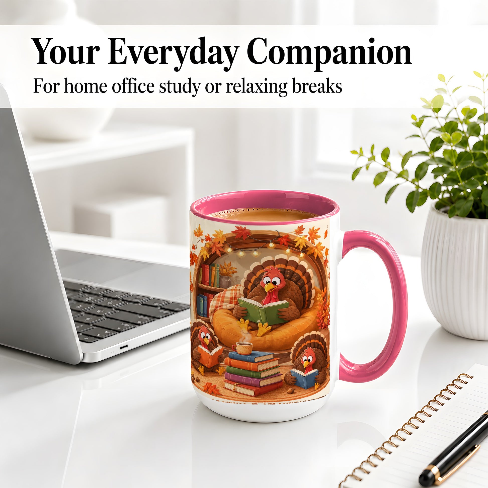 #pl[15oz|Pink] Thanksgiving Reading Turkey Accent Mug, Mug with Cozy Book Artwork