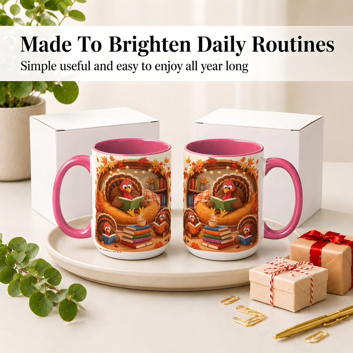 #pl[15oz|Pink] Thanksgiving Reading Turkey Accent Mug, Mug with Cozy Book Artwork