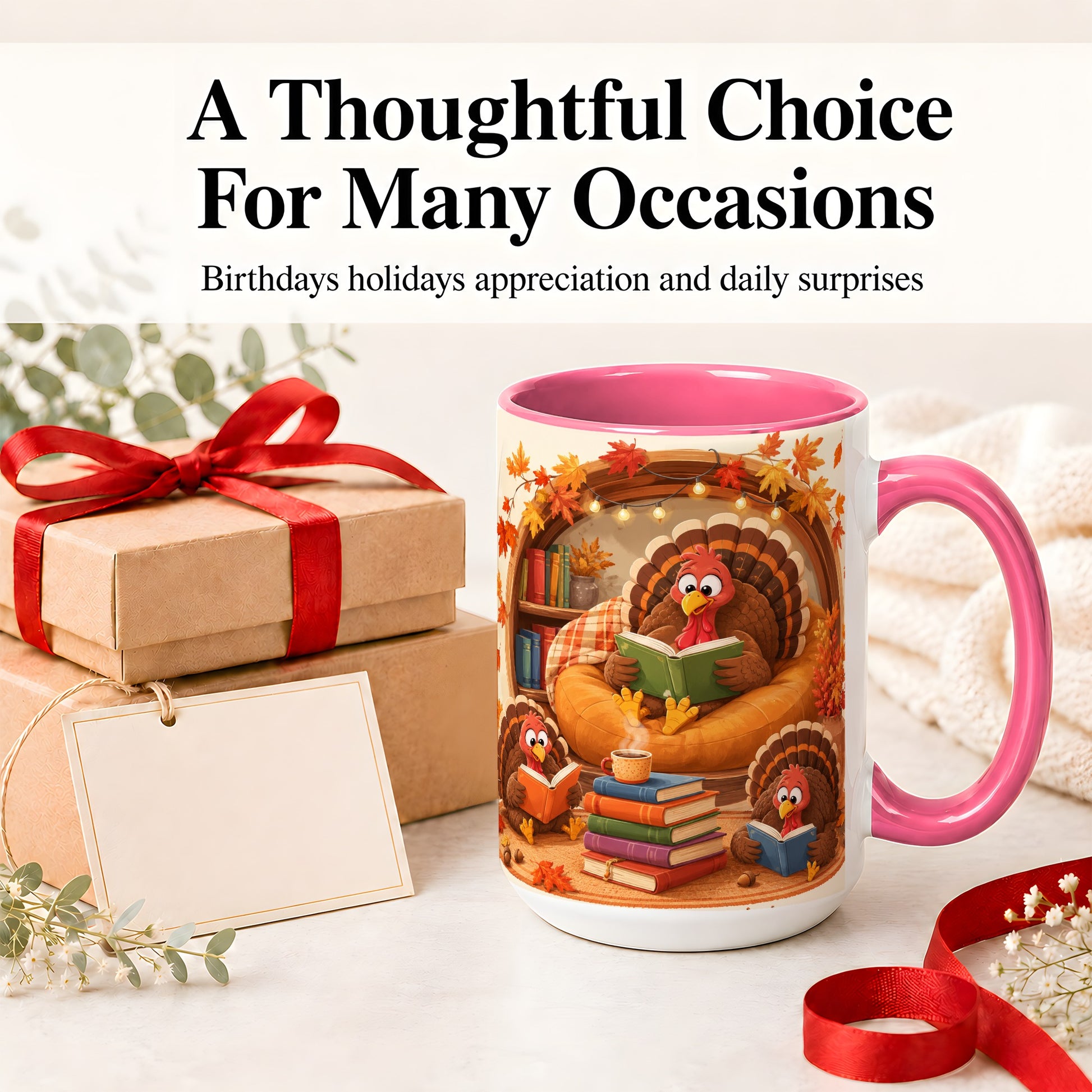 #pl[15oz|Pink] Thanksgiving Reading Turkey Accent Mug, Mug with Cozy Book Artwork