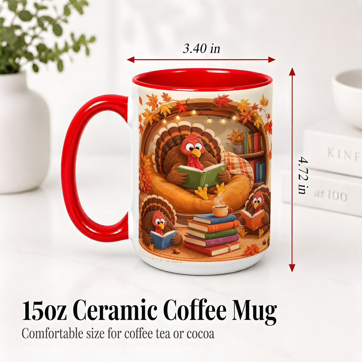#pl[15oz|Red] Thanksgiving Reading Turkey Accent Mug, Mug with Cozy Book Artwork