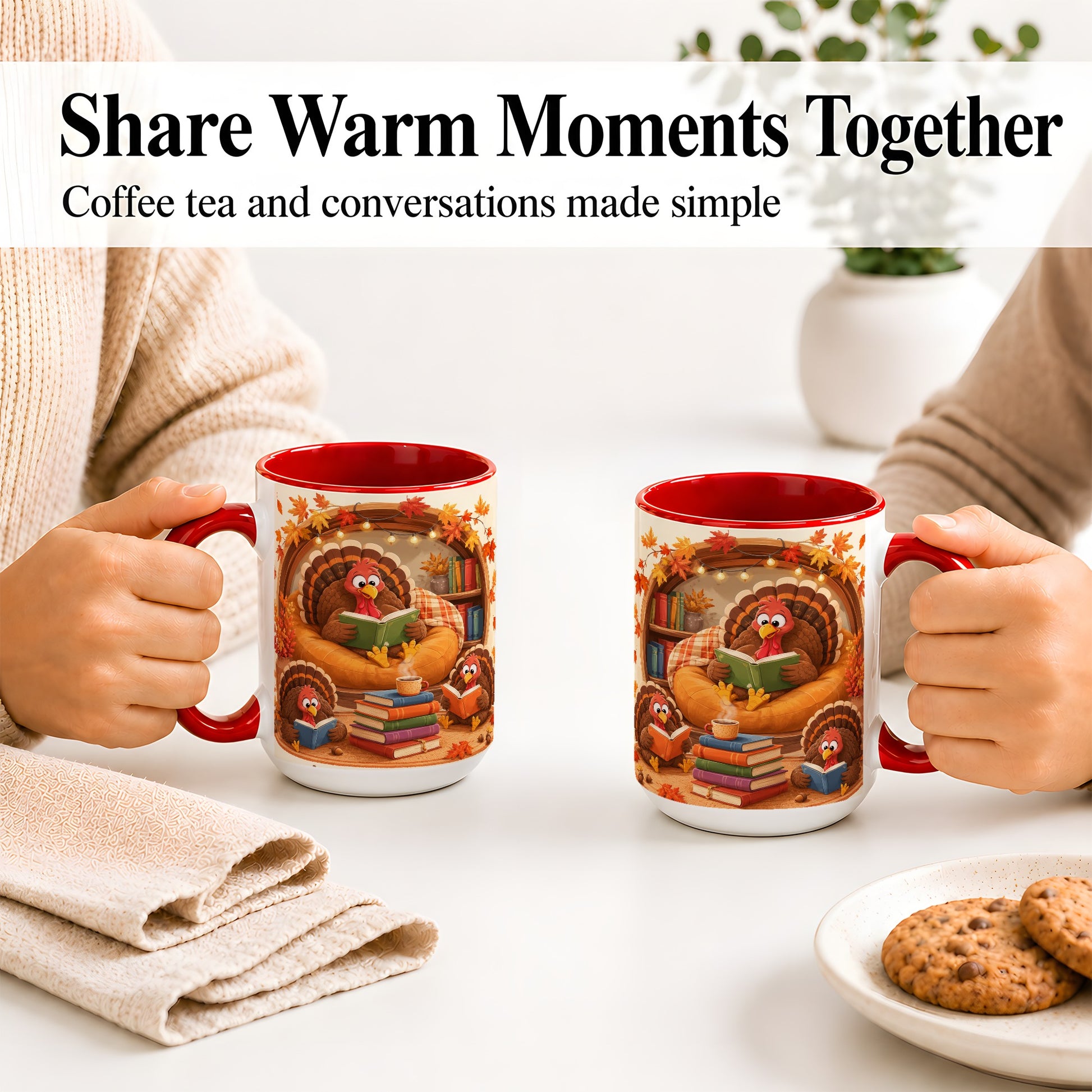#pl[15oz|Red] Thanksgiving Reading Turkey Accent Mug, Mug with Cozy Book Artwork
