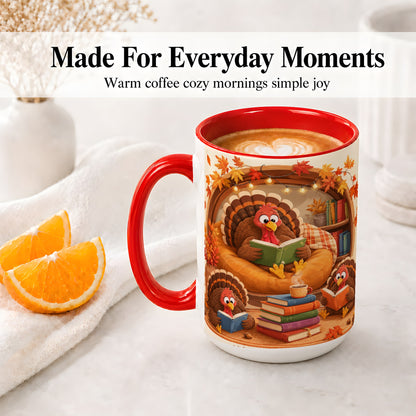 #pl[15oz|Red] Thanksgiving Reading Turkey Accent Mug, Mug with Cozy Book Artwork