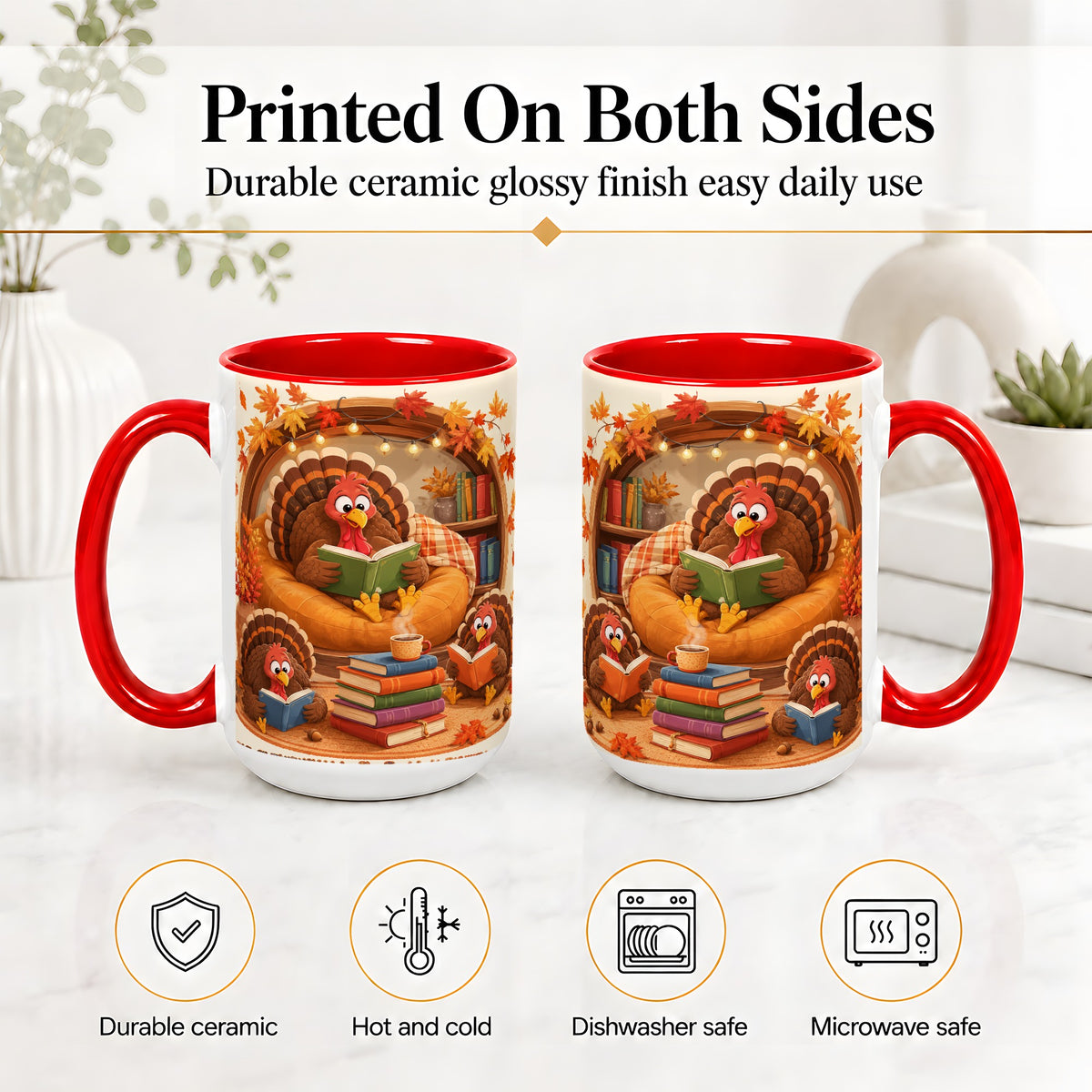 #pl[15oz|Red] Thanksgiving Reading Turkey Accent Mug, Mug with Cozy Book Artwork