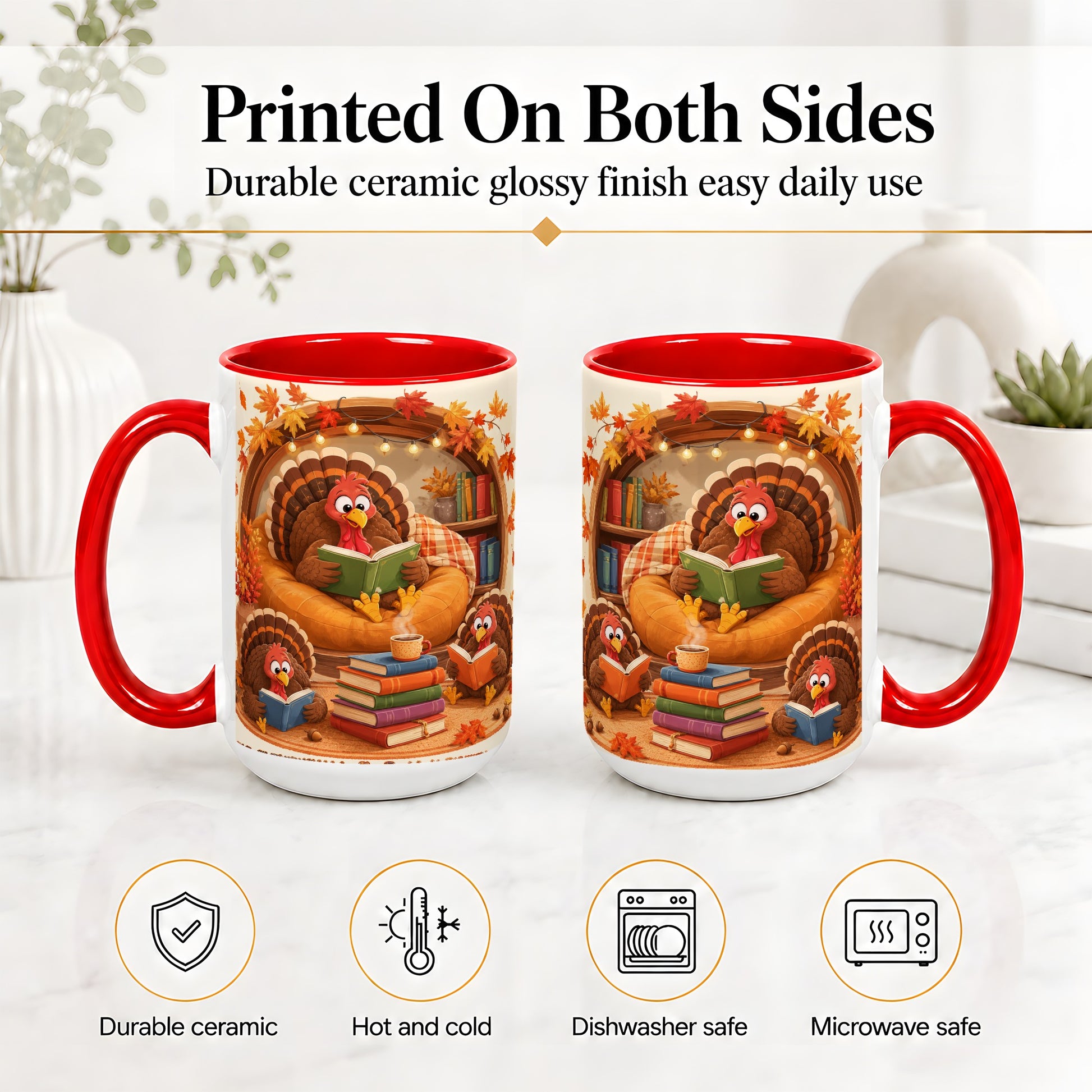 #pl[15oz|Red] Thanksgiving Reading Turkey Accent Mug, Mug with Cozy Book Artwork
