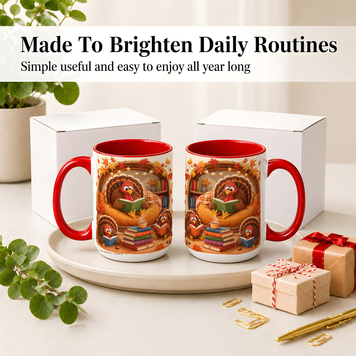#pl[15oz|Red] Thanksgiving Reading Turkey Accent Mug, Mug with Cozy Book Artwork