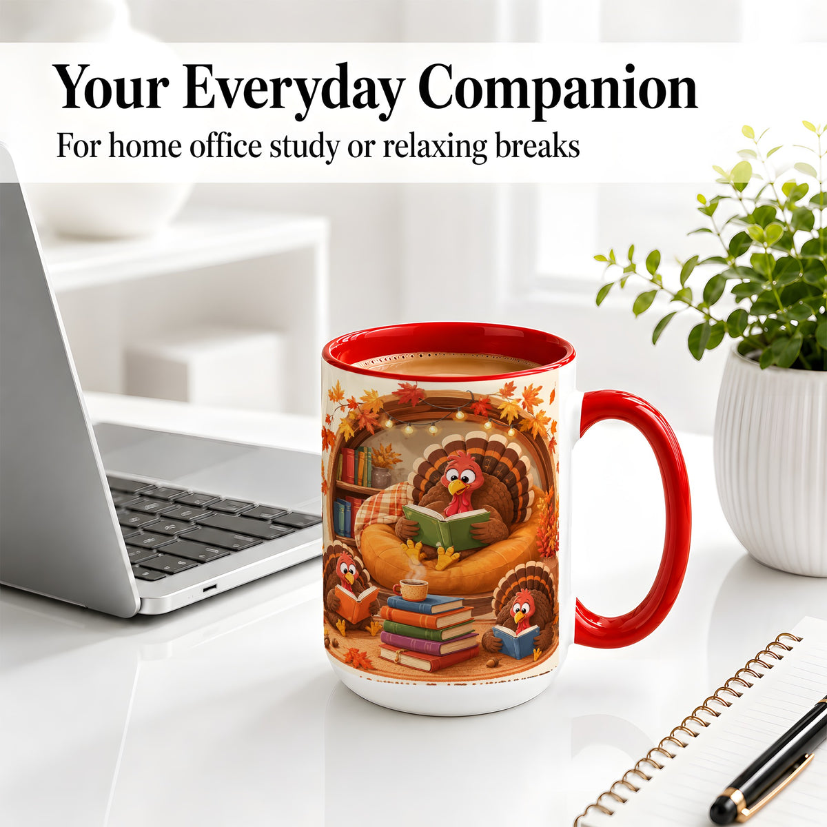 #pl[15oz|Red] Thanksgiving Reading Turkey Accent Mug, Mug with Cozy Book Artwork