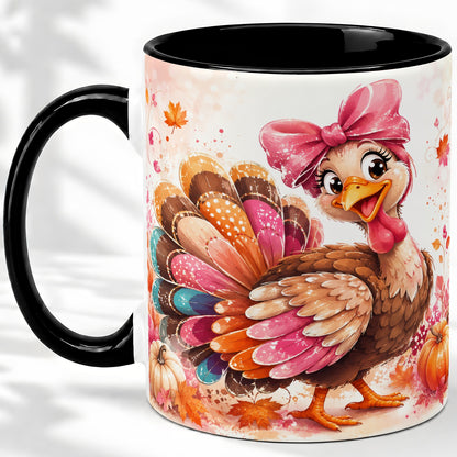 #pl[11oz|Black] Colorful Thanksgiving Turkey Accent Mug, Mug with Pink Bow Art