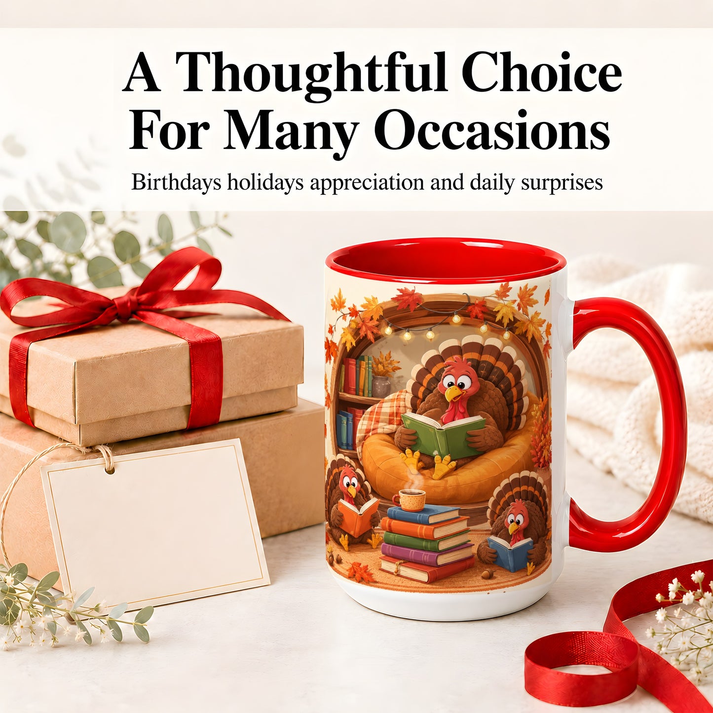#pl[15oz|Red] Thanksgiving Reading Turkey Accent Mug, Mug with Cozy Book Artwork