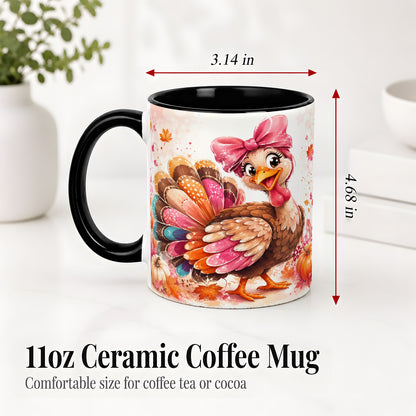 #pl[11oz|Black] Colorful Thanksgiving Turkey Accent Mug, Mug with Pink Bow Art