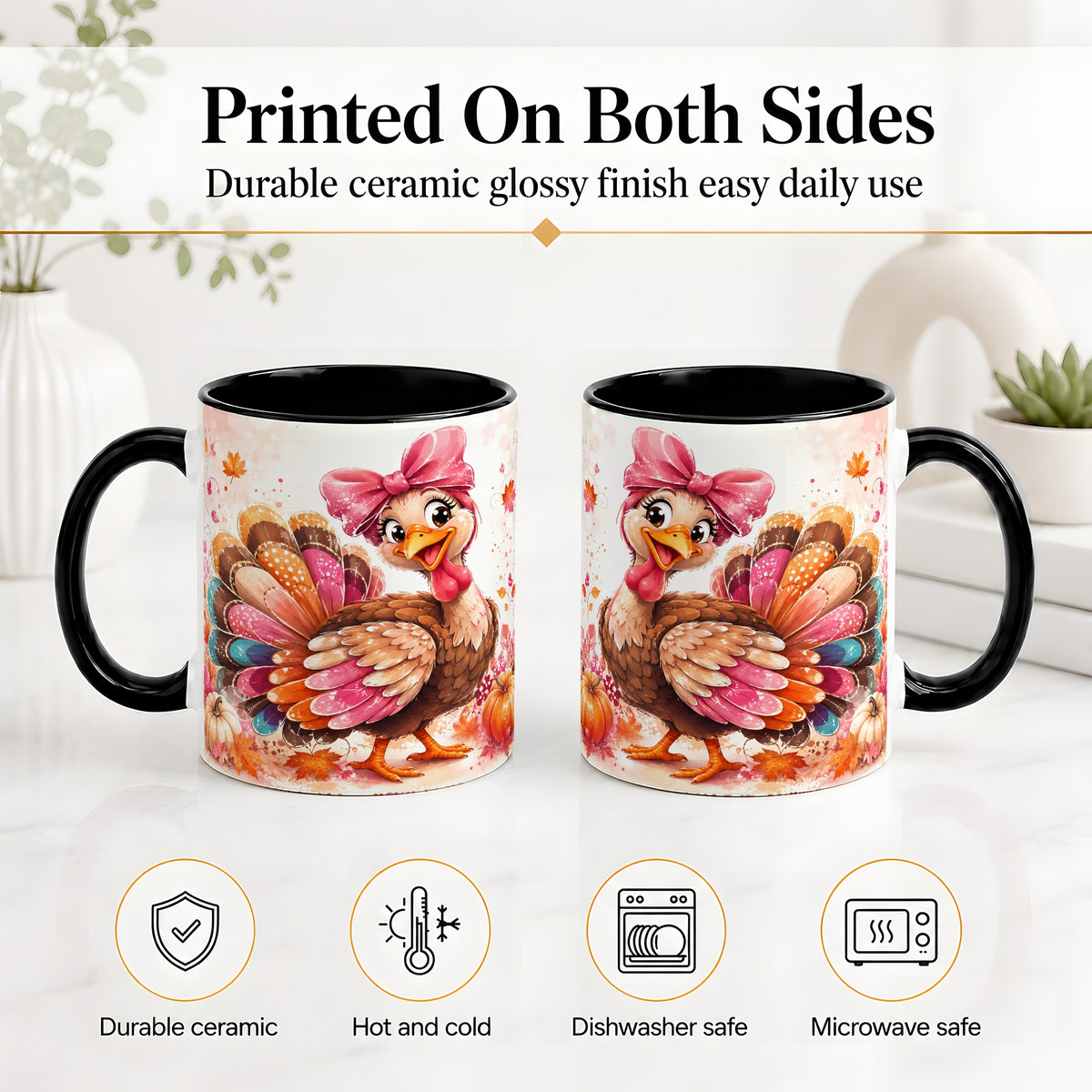 #pl[11oz|Black] Colorful Thanksgiving Turkey Accent Mug, Mug with Pink Bow Art