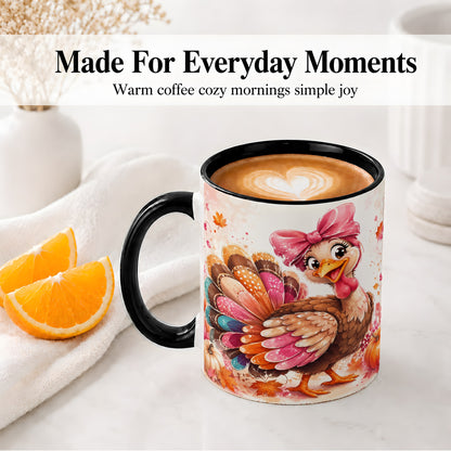 #pl[11oz|Black] Colorful Thanksgiving Turkey Accent Mug, Mug with Pink Bow Art