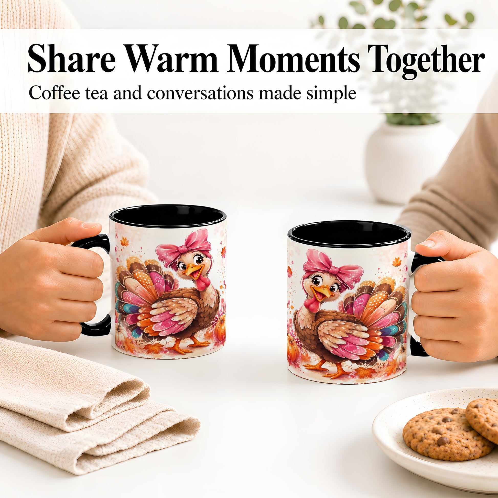 #pl[11oz|Black] Colorful Thanksgiving Turkey Accent Mug, Mug with Pink Bow Art
