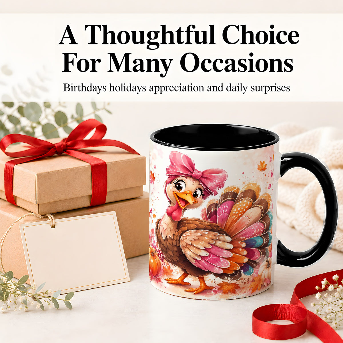 #pl[11oz|Black] Colorful Thanksgiving Turkey Accent Mug, Mug with Pink Bow Art