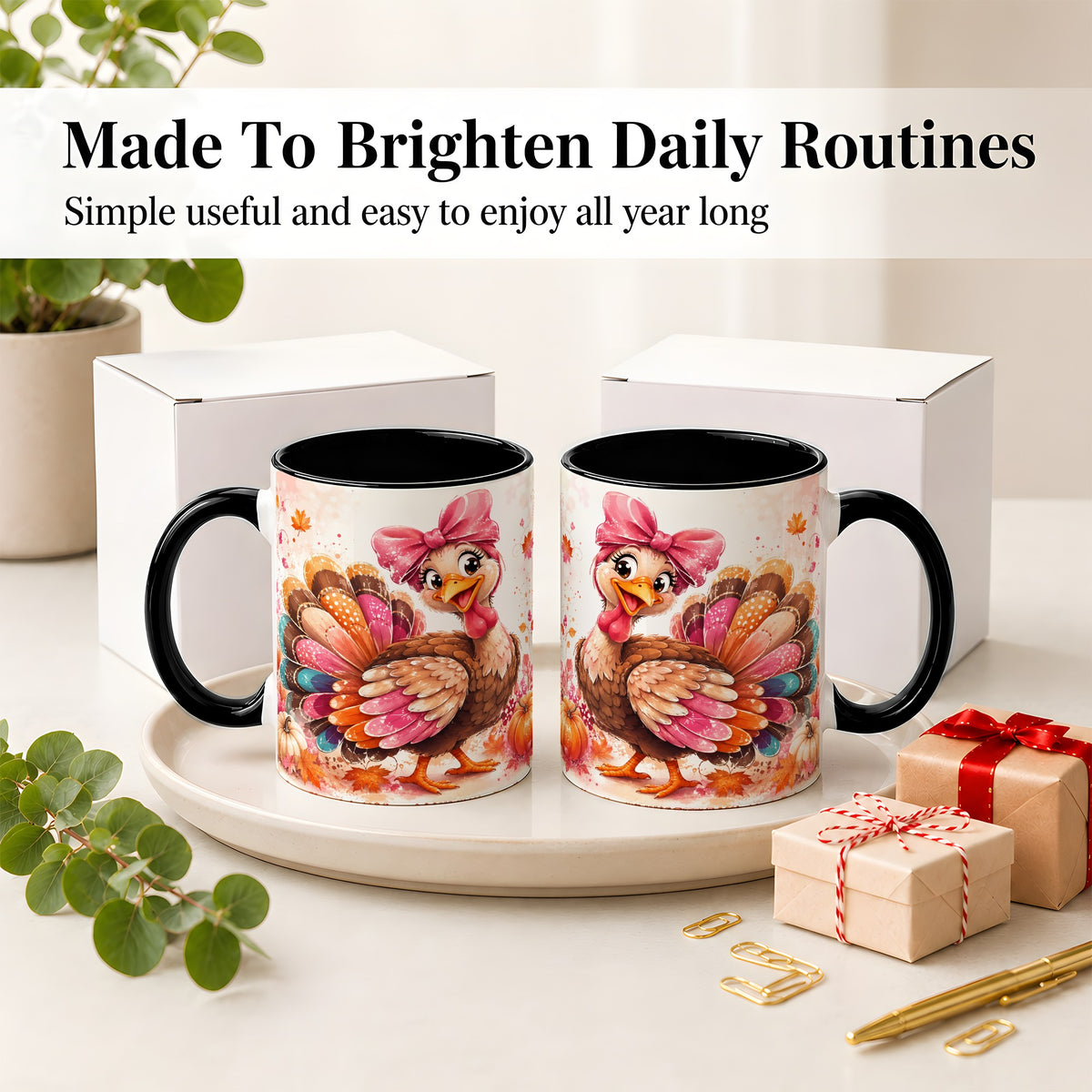#pl[11oz|Black] Colorful Thanksgiving Turkey Accent Mug, Mug with Pink Bow Art