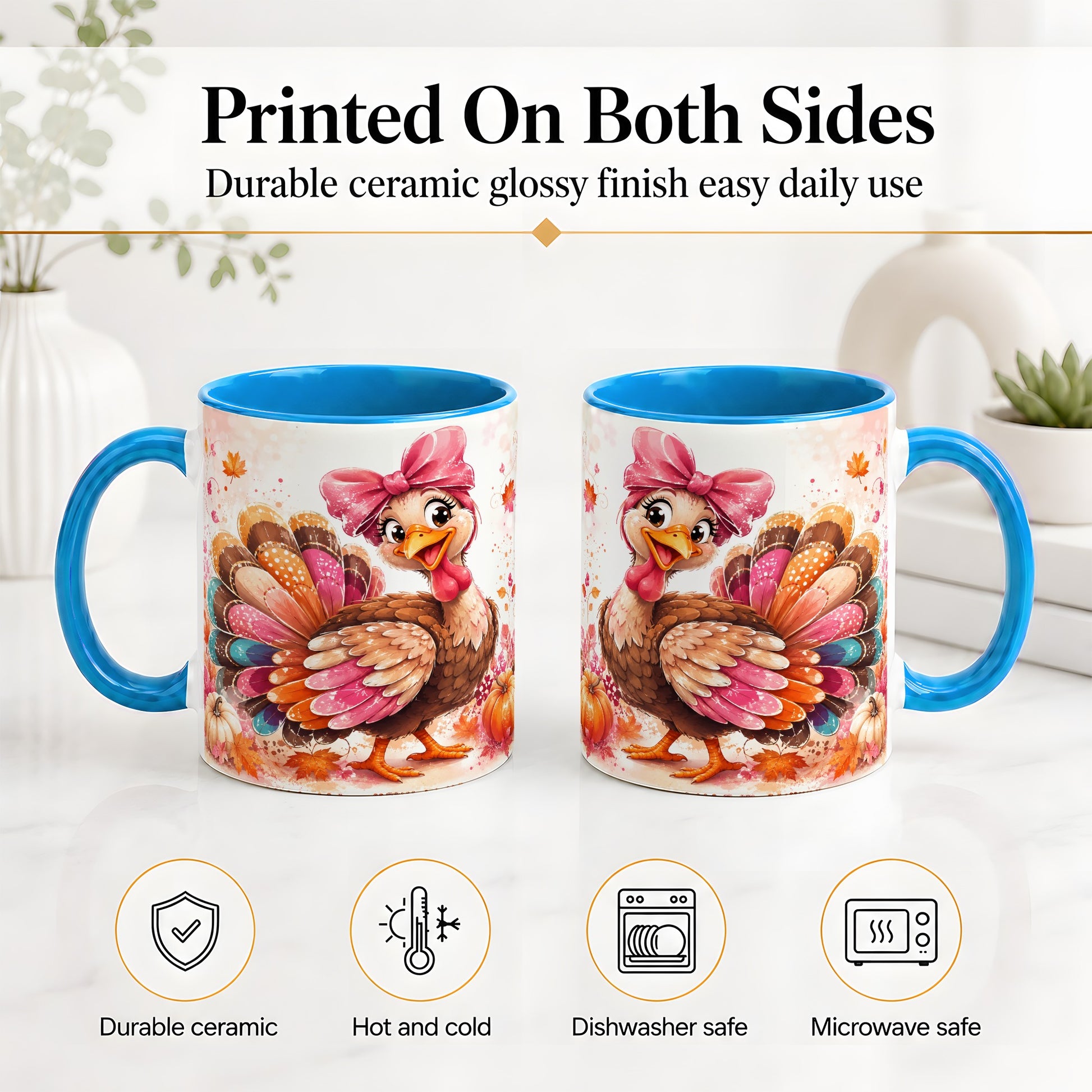 #pl[11oz|Blue] Colorful Thanksgiving Turkey Accent Mug, Mug with Pink Bow Art