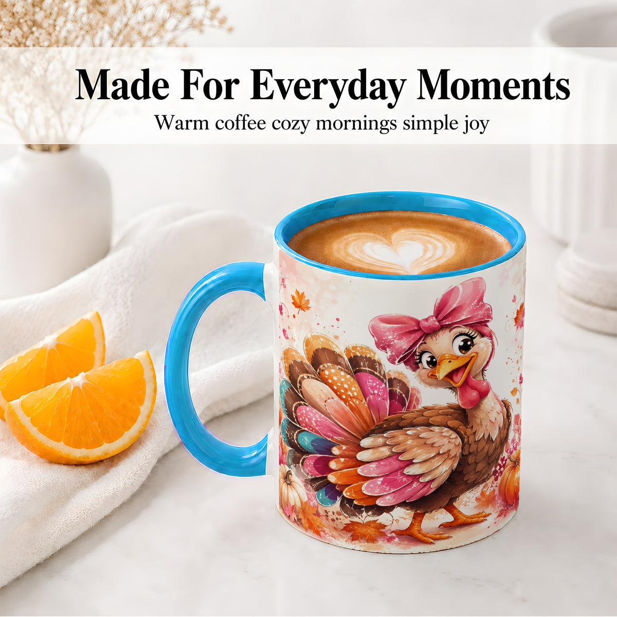 #pl[11oz|Blue] Colorful Thanksgiving Turkey Accent Mug, Mug with Pink Bow Art