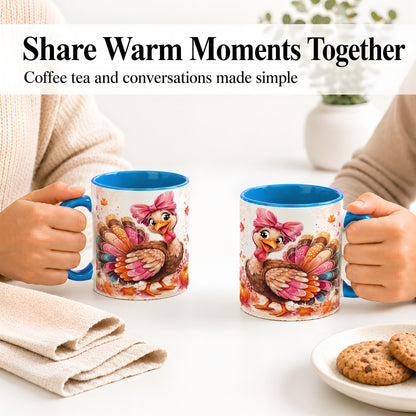 #pl[11oz|Blue] Colorful Thanksgiving Turkey Accent Mug, Mug with Pink Bow Art