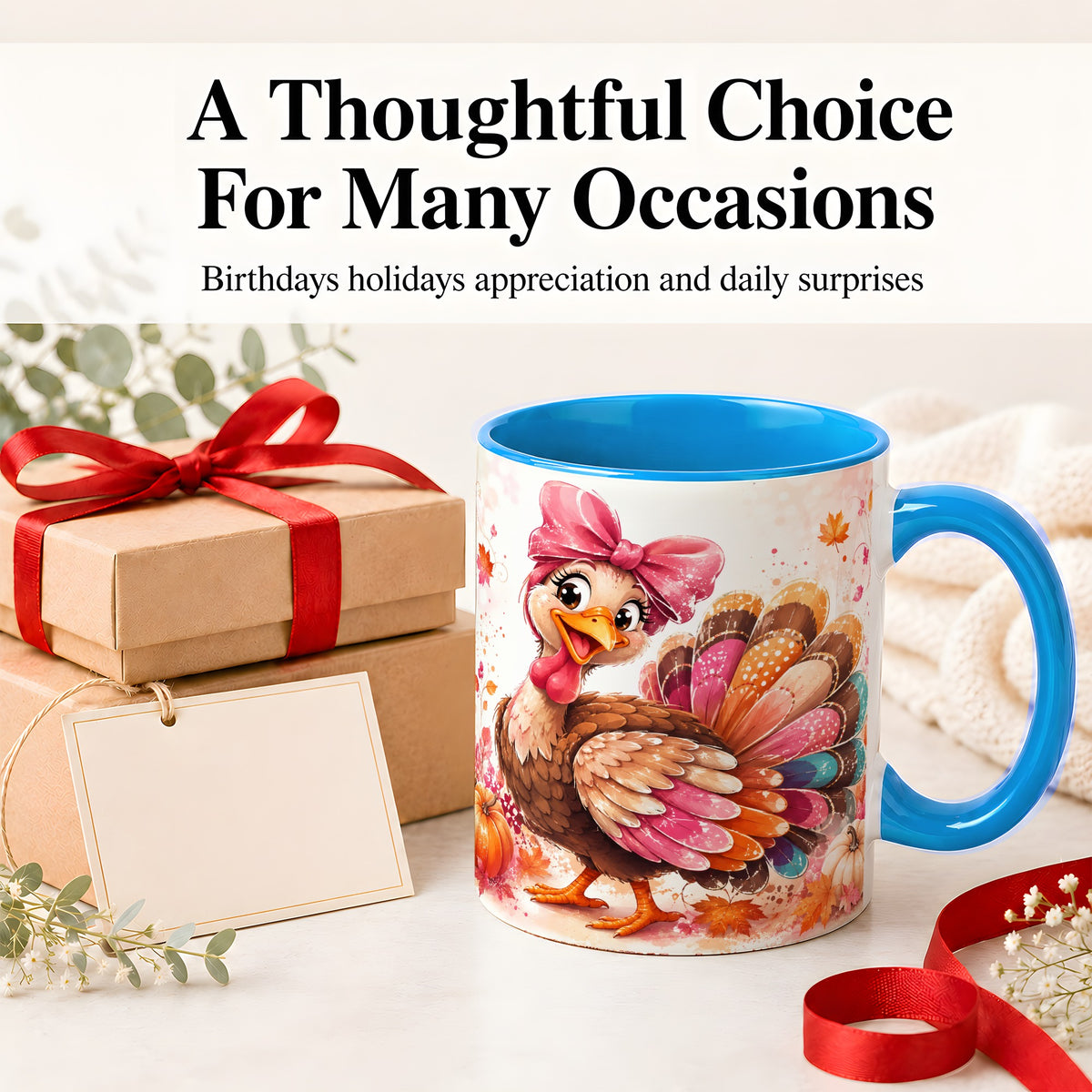 #pl[11oz|Blue] Colorful Thanksgiving Turkey Accent Mug, Mug with Pink Bow Art