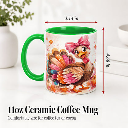 #pl[11oz|Green] Colorful Thanksgiving Turkey Accent Mug, Mug with Pink Bow Art