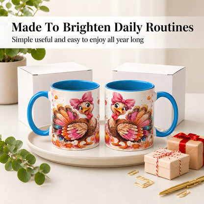 #pl[11oz|Blue] Colorful Thanksgiving Turkey Accent Mug, Mug with Pink Bow Art