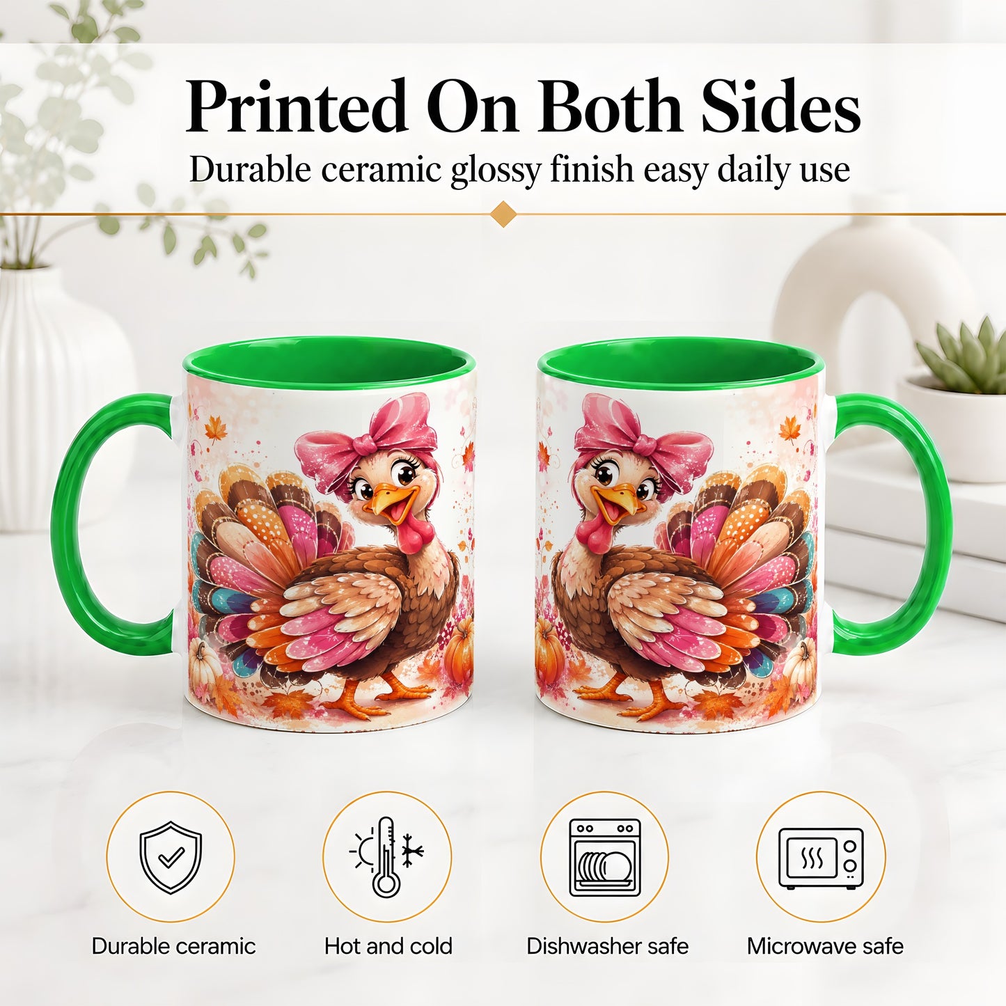 #pl[11oz|Green] Colorful Thanksgiving Turkey Accent Mug, Mug with Pink Bow Art