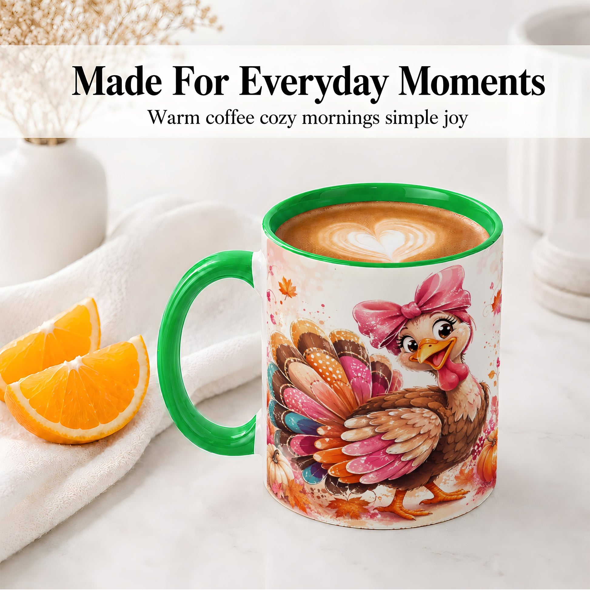 #pl[11oz|Green] Colorful Thanksgiving Turkey Accent Mug, Mug with Pink Bow Art